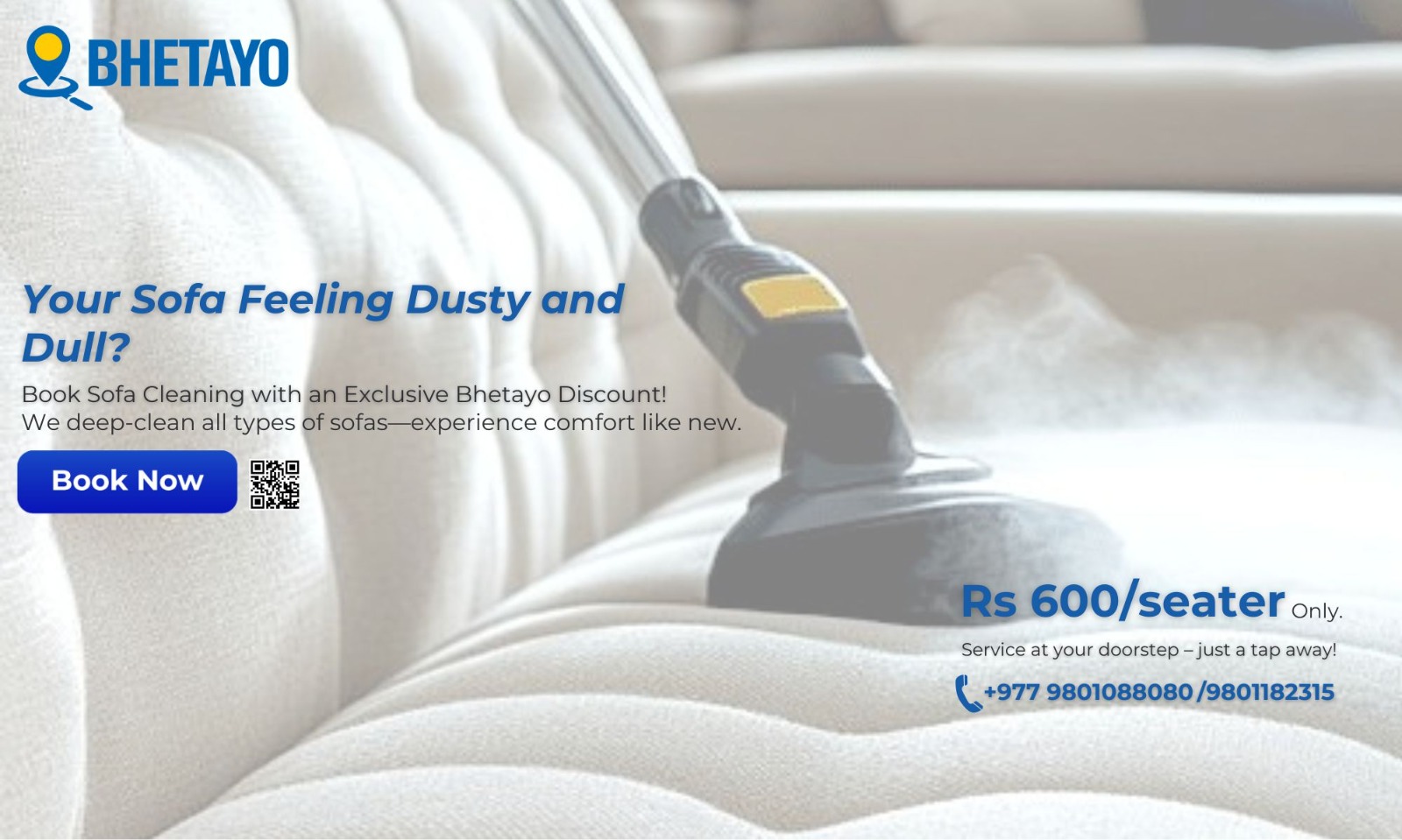 भेटायोको नयाँ अफर – सोफा सफाइ सेवा अब मात्र रु. ६००/- प्रति सिटरमा!